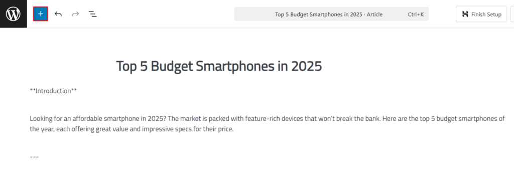 La barre sup&eacute;rieure de WordPress Gutenberg avec l'ic&ocirc;ne Block Inserter en surbrillance.