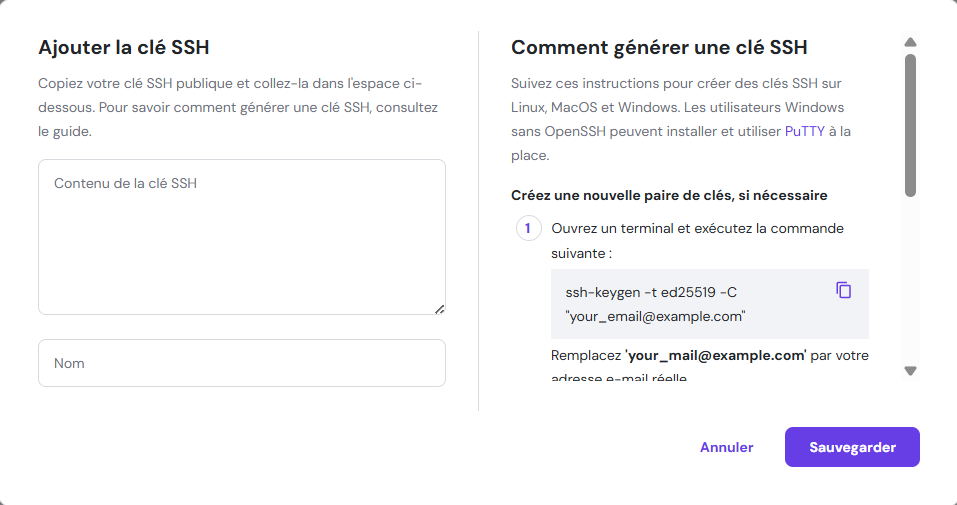 La clé publique générée dans Coolify