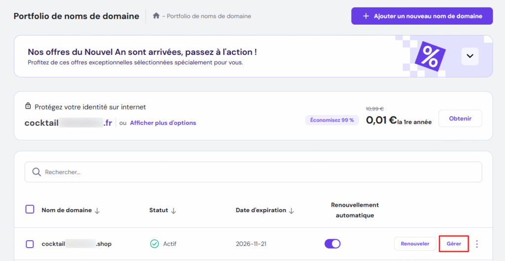G&eacute;rer un nom de domaine sur hPanel