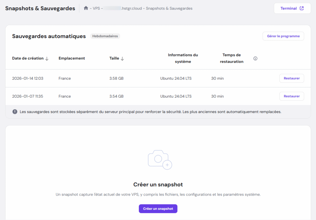 Le menu Snapshots & Sauvegardes dans le VPS de hPanel