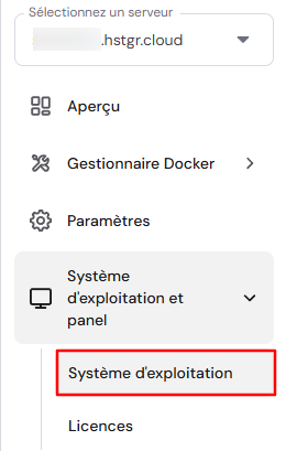 La section système d'exploitation sur hPanel