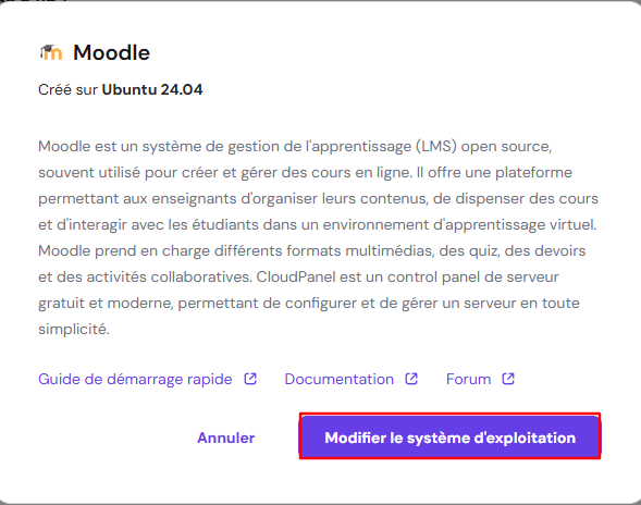 Section Modifier le système d'exploitation sur hpanel