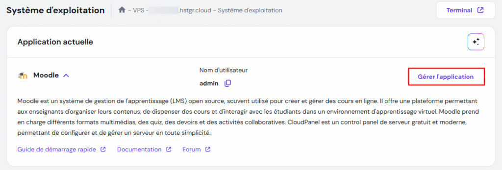 Bouton Gérer l'application pour accéder à Moodle sur hPanel