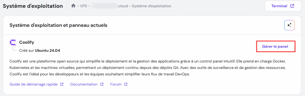 Le bouton Gérer le panel pour Coolify dans le VPS de hPanel
