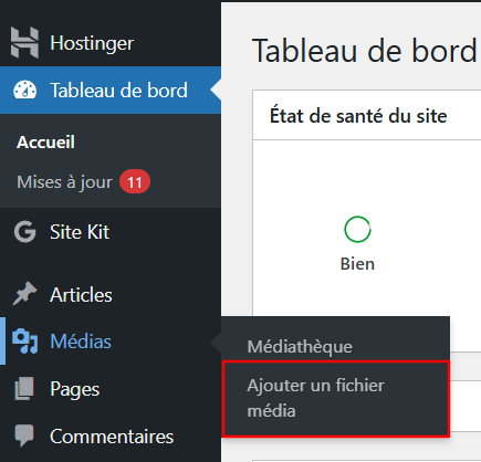 Le menu M&eacute;dias du tableau de bord de WordPress avec l'option Ajouter un fichier m&eacute;dia en surbrillance