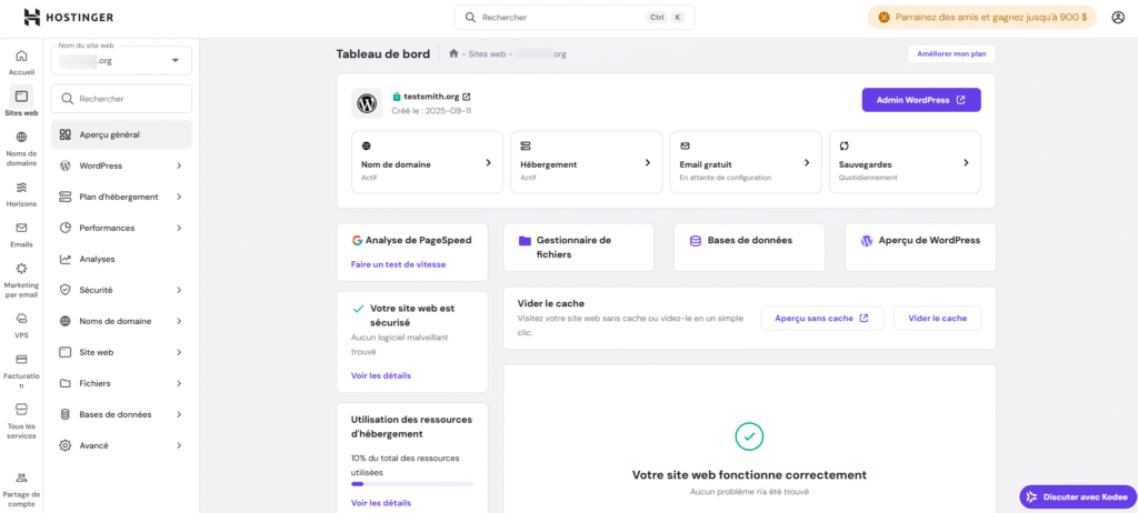 Le tableau bord d'un site WordPress sur hPanel
