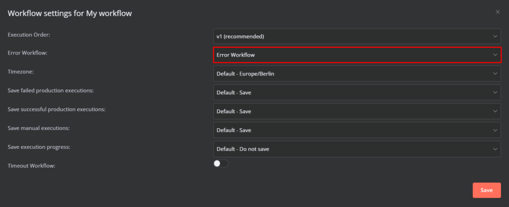 Définition du workflow d'erreur à déclencher en cas d'erreur.