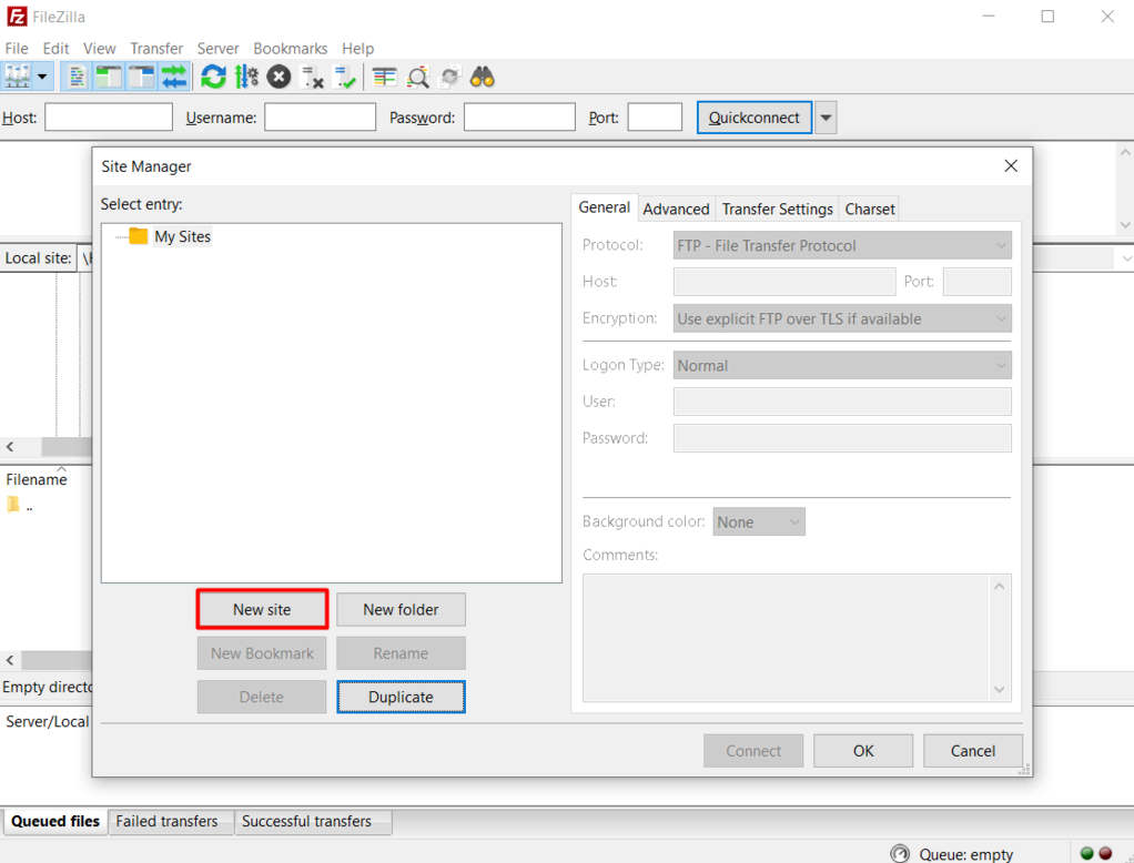 Le bouton Nouveau site dans FileZilla