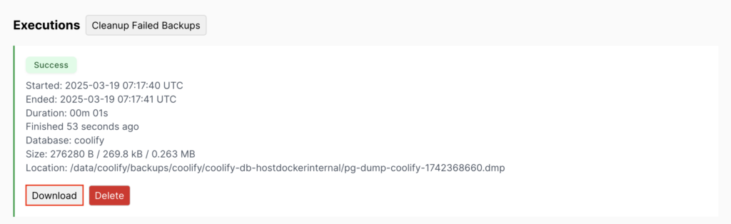 Le bouton Download dans la section Executions de Coolify