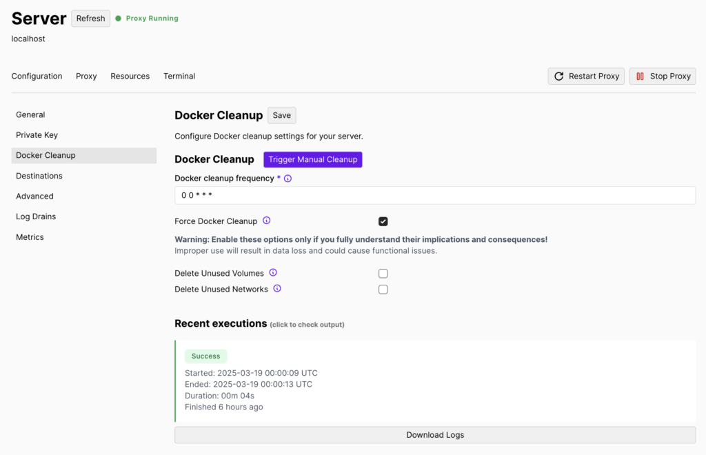 La section Docker Cleanup de la page Serveur de Coolify
