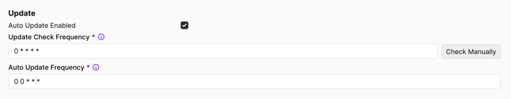 La section Mise à jour dans la page Paramètres de Coolify