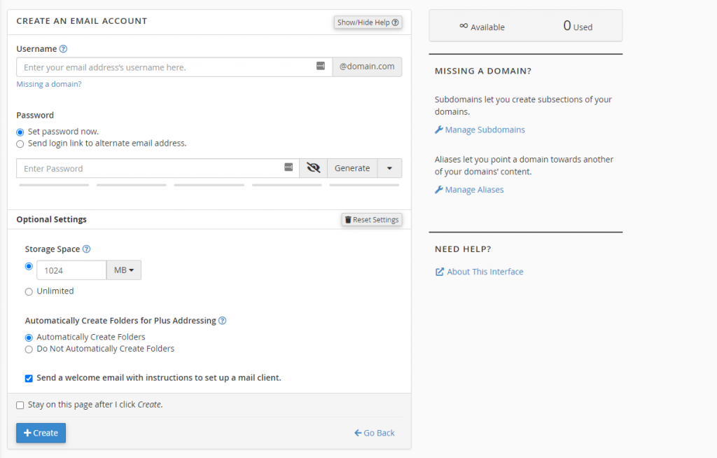 La fenêtre Créer un compte de messagerie dans le cPanel