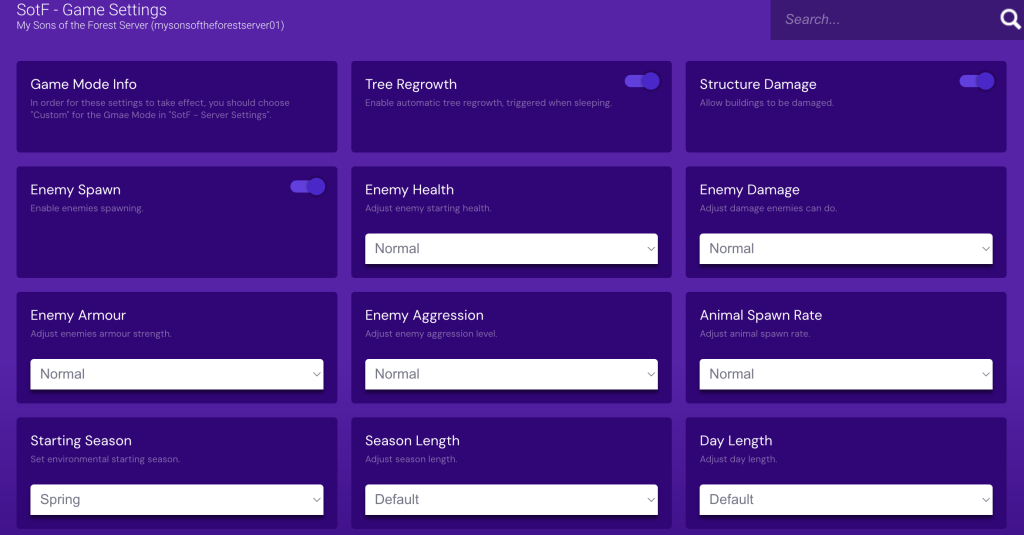 Paramètres du jeu Sons of the Forest du Game Panel