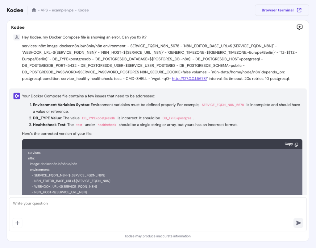 Kodee répond à une question dans hPanel's VPS