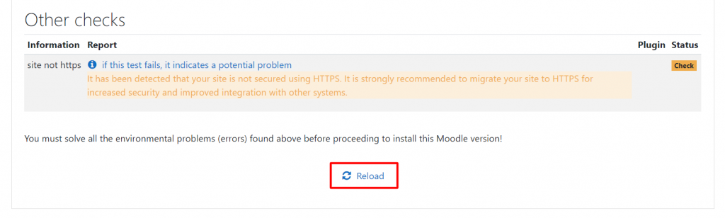 Retourner à la page d'installation de Moodle et cliquer sur le bouton Recharger