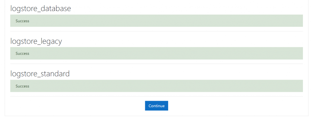 Cliquer sur continuer après l'installation réussie de Moodle