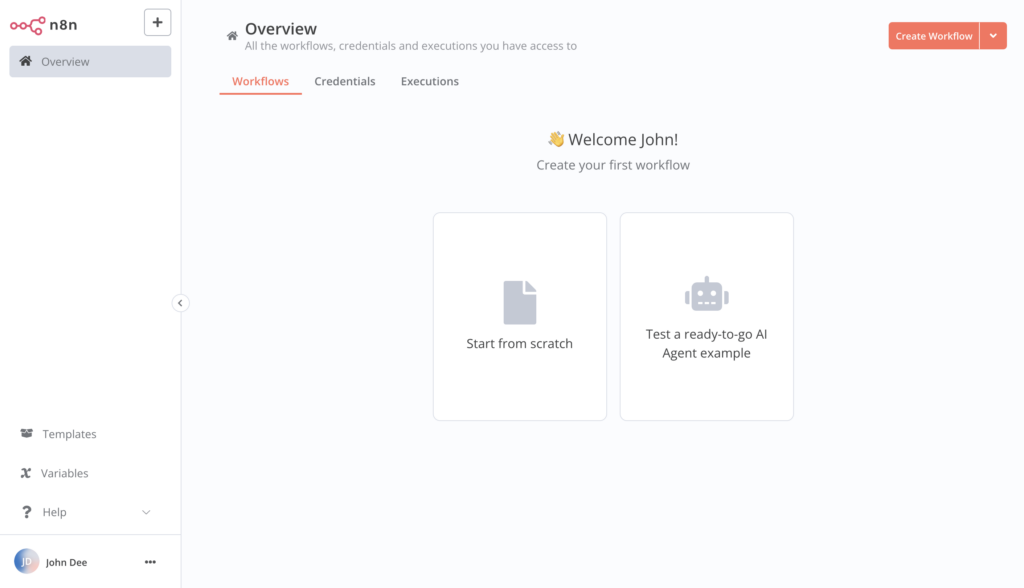 Le tableau de bord n8n
