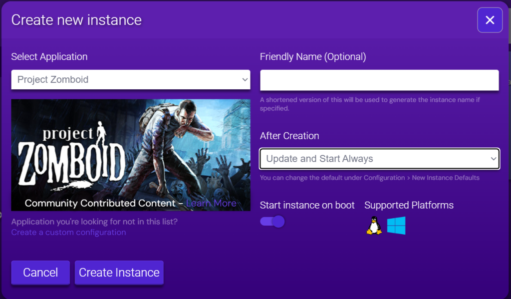 Project Zomboid: nouveau menu de cr&eacute;ation d'instance dans le Game panel Hostinger