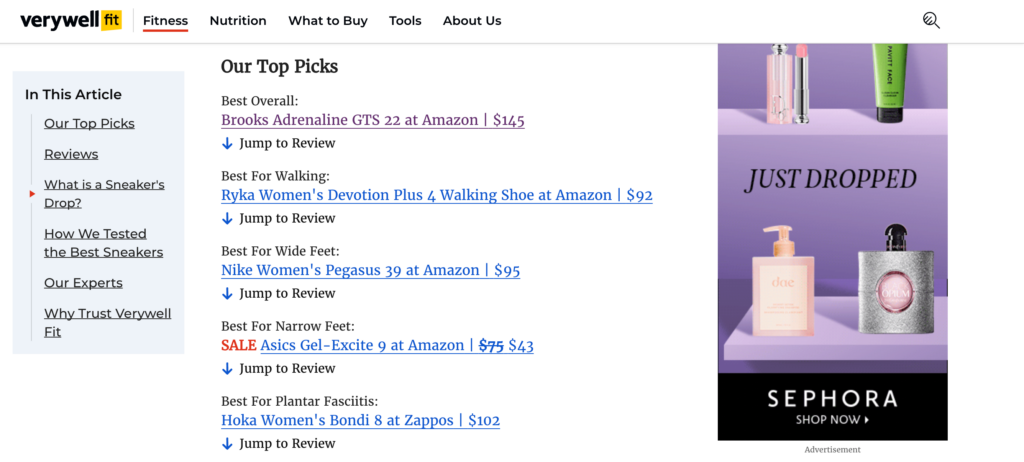 Un article de blog de Verywell Fit, montrant des liens d'affiliation incorporés