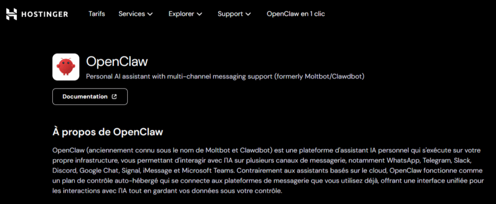 L'interface du VPS Hostinger OpenClaw 