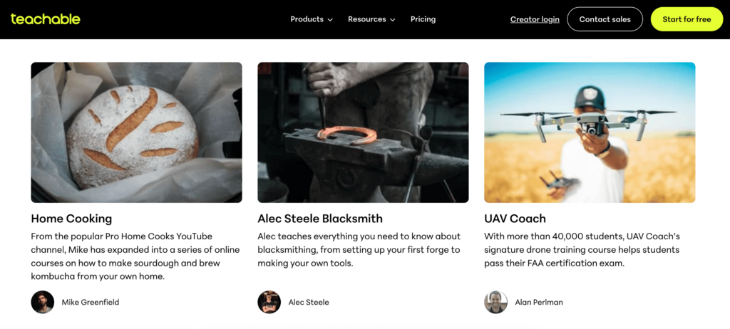 Page du cours sur Teachable