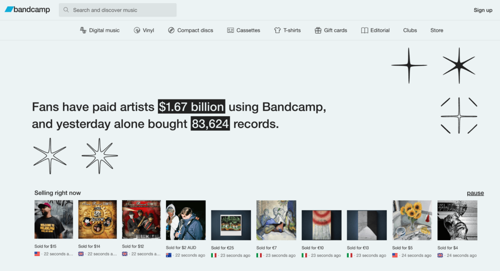 Page d&rsquo;accueil de Bandcamp