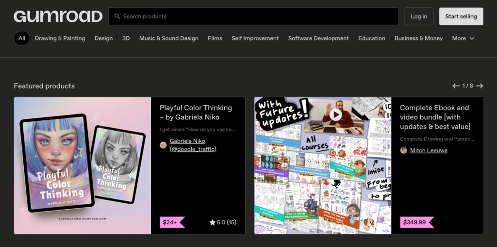 Liste des produits mis en avant vendus sur Gumroad