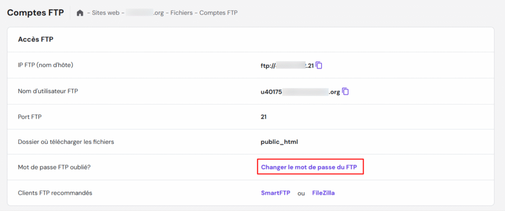 Fenêtre d'accès FTP sur hPanel