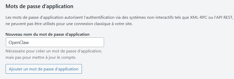 Panneau Mots de passe d’application dans le tableau de bord de WordPress