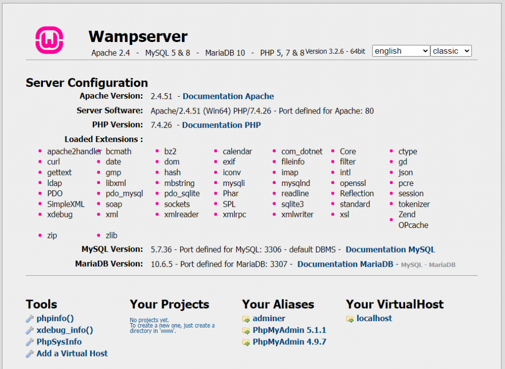 D&eacute;tails de configuration du serveur WampServer.