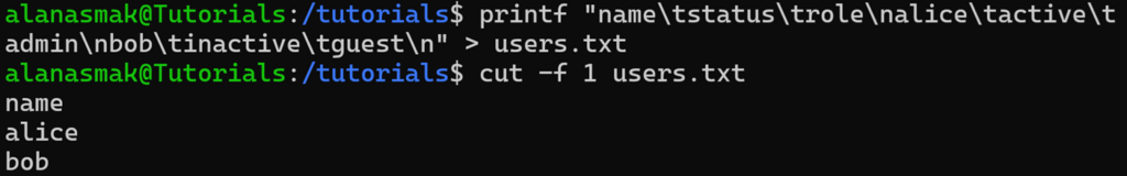 Exemple d&rsquo;utilisation de la commande cut avec l&rsquo;option field, sans param&egrave;tre suppl&eacute;mentaire, sur un exemple de fichier d&eacute;limit&eacute; par des tabulations.