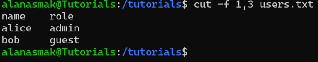 Exemple de la commande cut avec l&rsquo;option de champ, o&ugrave; plusieurs champs sont sp&eacute;cifi&eacute;s en sortie.