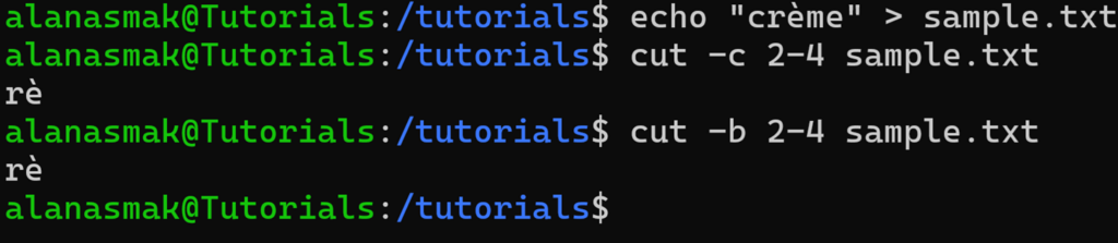 Affichage de la commande cut lors de l&rsquo;utilisation simultan&eacute;e des options de caract&egrave;res et d&rsquo;octets, et correspondance des sorties dans une distribution Linux moderne.