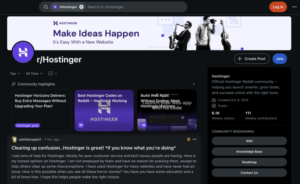 La page principale du subreddit Hostinger
