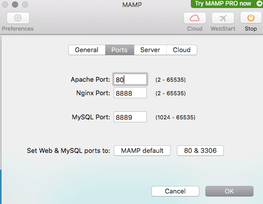 Configurer le port Apache de MAMP sur 80.