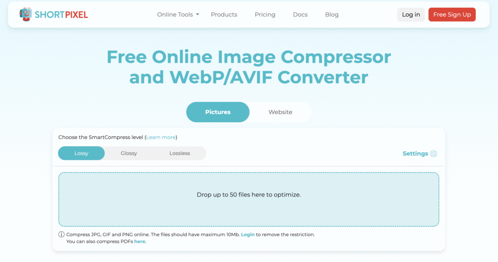 Interface Web de ShortPixel, avec des options de niveaux de compression d&rsquo;images et une zone de glisser-d&eacute;poser pour l&rsquo;optimisation des fichiers.