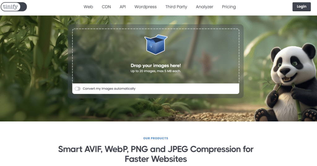 Page d&rsquo;accueil de Tinify, avec un panda sympathique, une zone de t&eacute;l&eacute;versement d&rsquo;images et un texte faisant la promotion de la compression d&rsquo;images pour des sites web plus rapides.