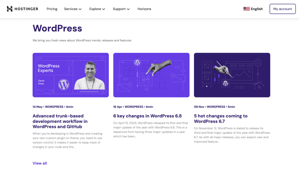 La page du blog de Hostinger affichant plusieurs extraits d&rsquo;articles