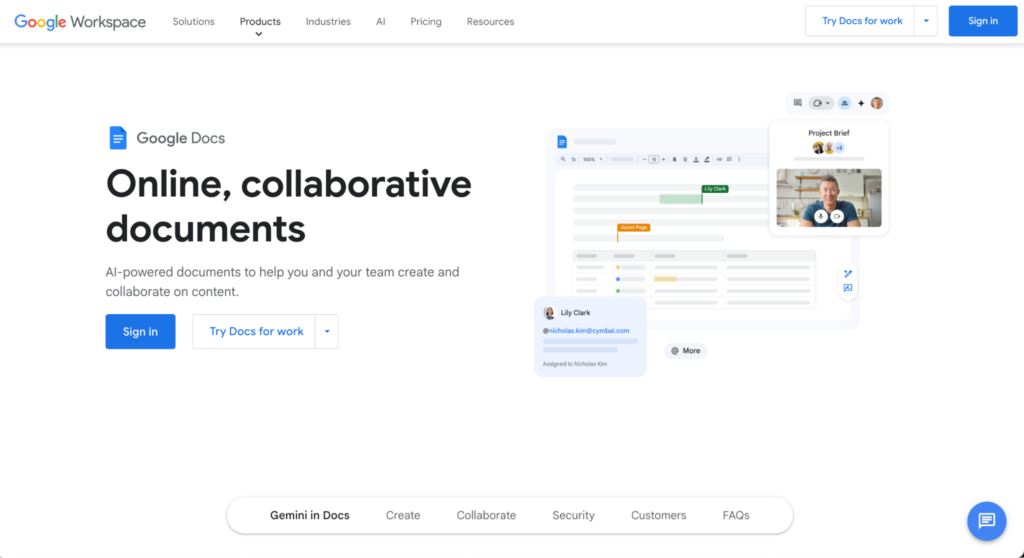 Page de destination de Google Docs
