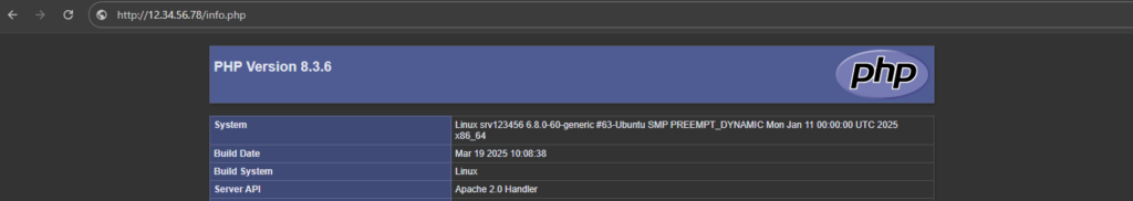 Page d’informations PHP affichée dans le navigateur.