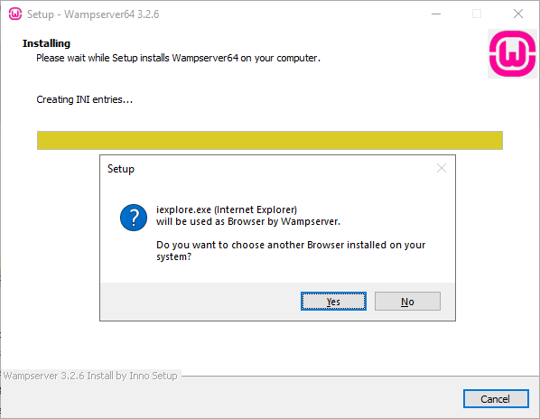 La fen&ecirc;tre d&rsquo;installation indiquant que Wampserver64 est en cours d&rsquo;installation.