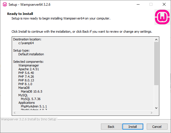 La fen&ecirc;tre d&rsquo;installation indiquant que Wampserver64 est pr&ecirc;t &agrave; &ecirc;tre install&eacute;.