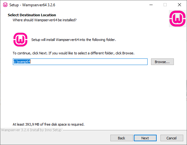 S&eacute;lection du dossier de destination lors de l&rsquo;installation de WampServer.