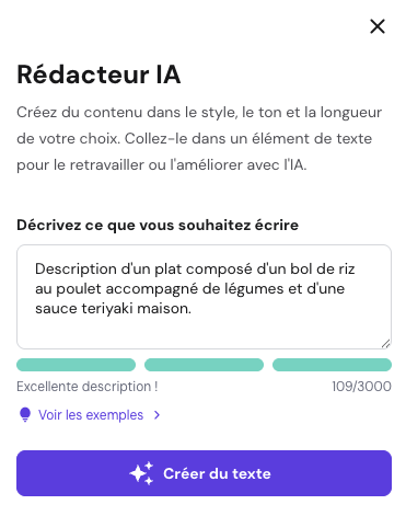 La fenêtre contextuelle d’AI Writer dans le Créateur de sites internet de Hostinger