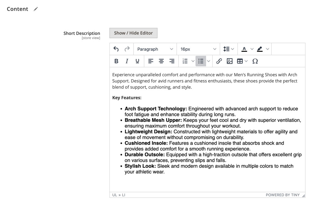 Panneau d&rsquo;administration de Magento affichant l&rsquo;&eacute;diteur de la description courte pour une page produit