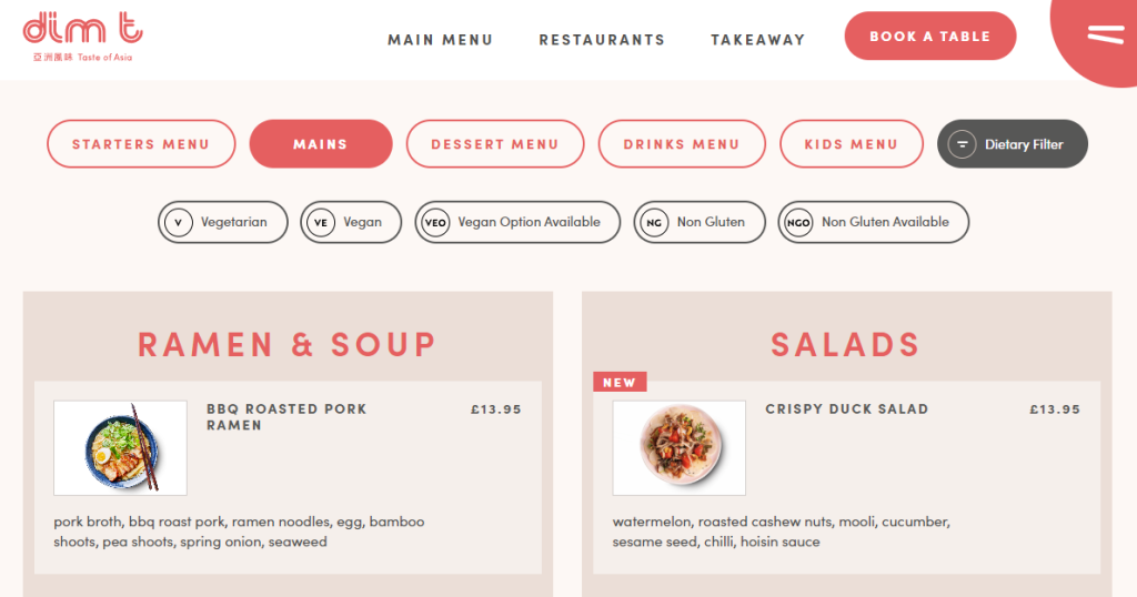 La page du menu de Dim T's comporte un bouton « Filtre alimentaire ».