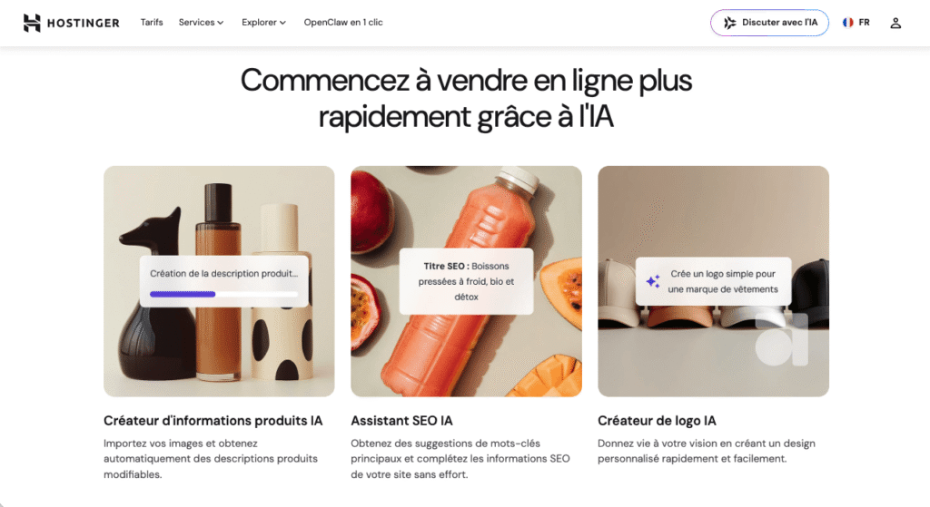 Outils d’IA du créateur de sites e-commerce de Hostinger