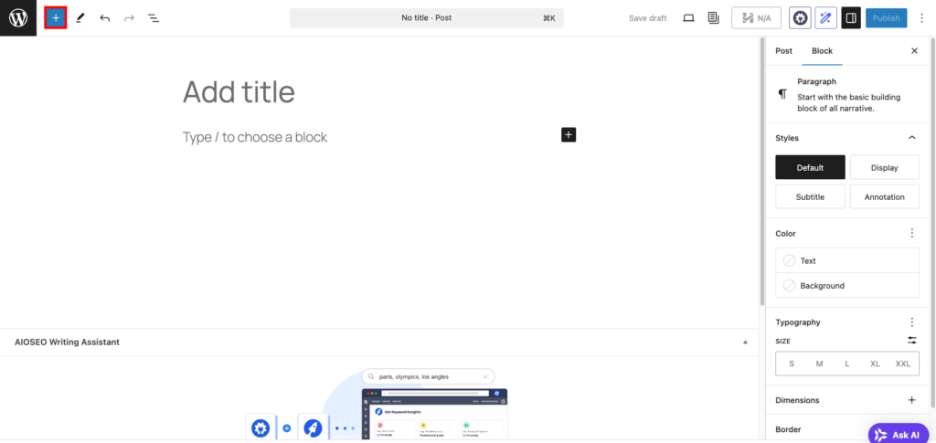 &Eacute;diteur d&rsquo;articles WordPress, mettant en &eacute;vidence le bouton d&rsquo;insertion de blocs
