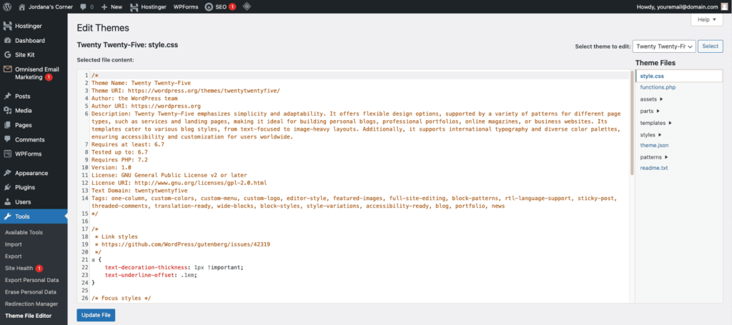 Interface de l&rsquo;&eacute;diteur de fichiers de th&egrave;me WordPress