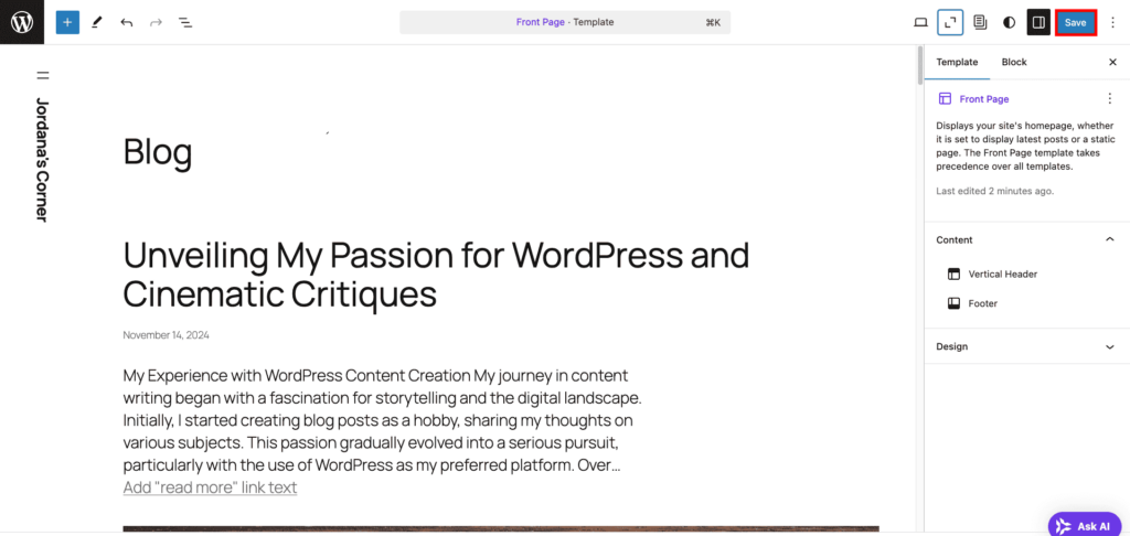 Modification d&rsquo;un mod&egrave;le de page dans l&rsquo;&Eacute;diteur de site, avec le bouton Enregistrer mis en &eacute;vidence
